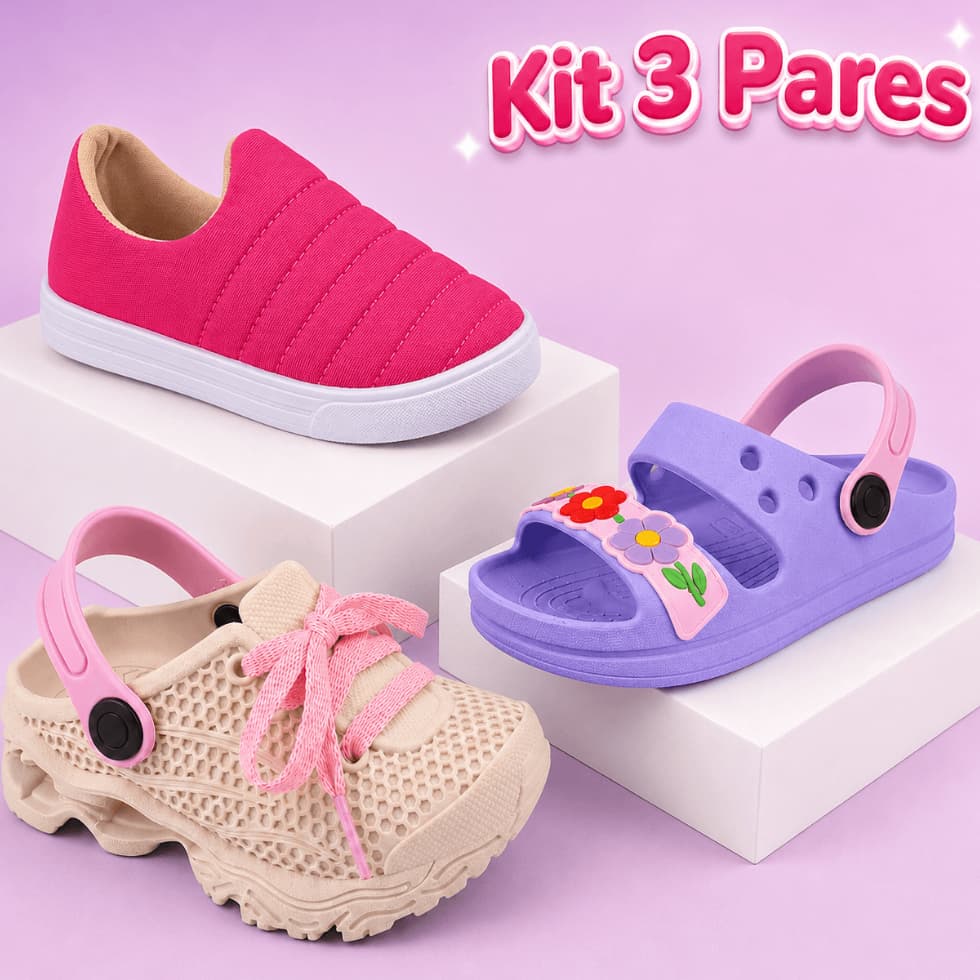 Kit 3 Pares Tênis Infantil Menina Confortável e Sandália Confortável