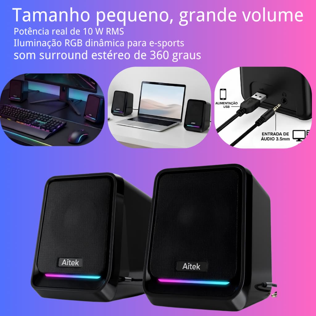 Caixa de Som Gamer Iluminação RGB 10W USB Áudio 3.5mm Estéreo 360° para PC Notebook