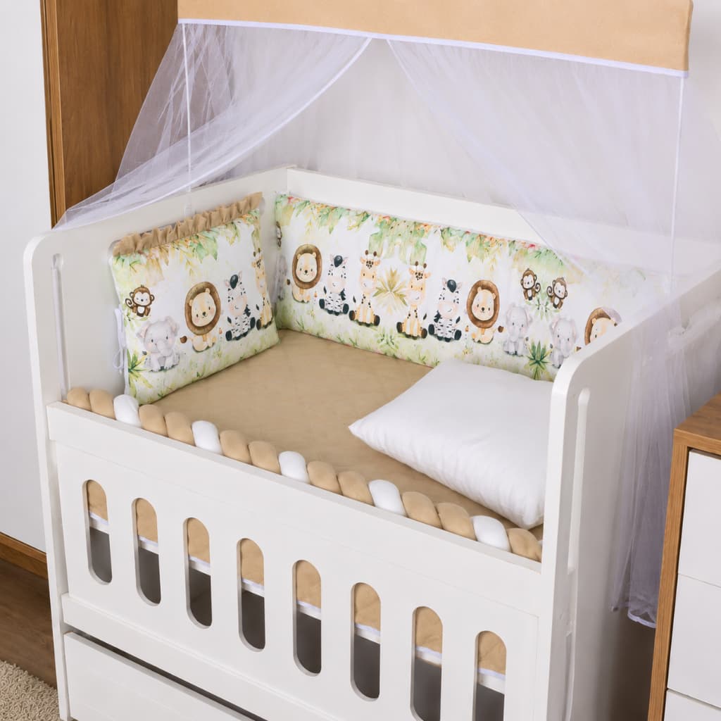 Kit Mini Berço Bebê Menino Floresta Bege 10 Peças Trança Protetor Mini Bebe Enxoval Completo