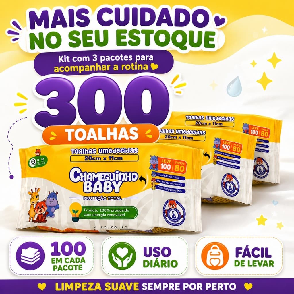 Kit 3 Toalhas Umedecidas Chameguinho Baby 100 Folhas Sem Alcool 300un Higiene Bebe Lenco Umedecido