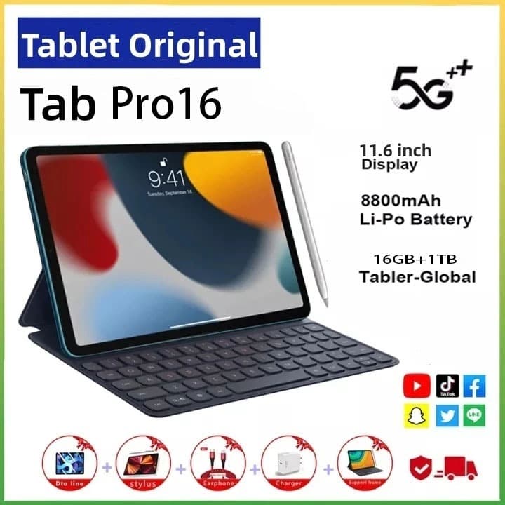 Tablet Pro16 Original, tela de 11,6 polegadas, memória 16GB+1TB, Android 14, bateria de 8800mAh, câmera, 5G e Wi-Fi