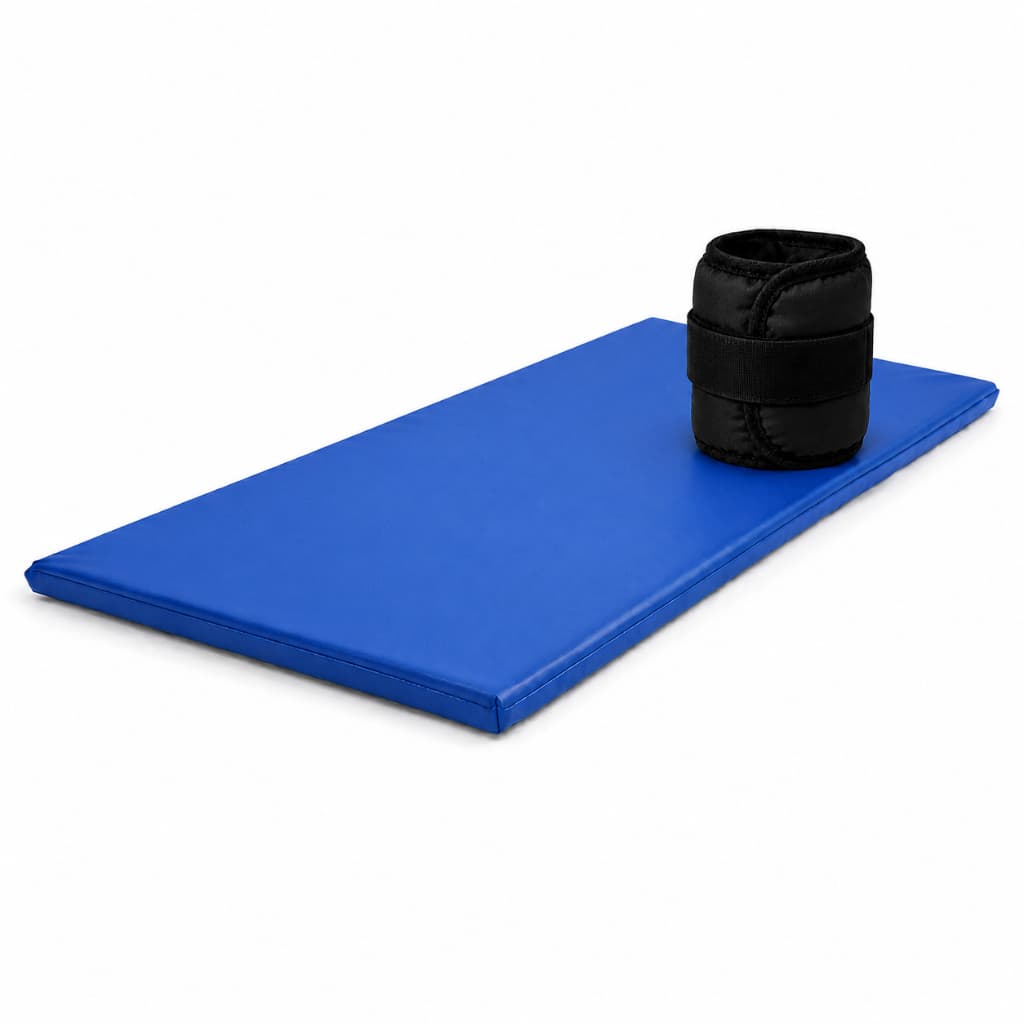 Kit Fitness Colchonete 90x40x3 Dobrável Azul + Unidade Caneleiras Treino Musculação 1kg 2kg 3kg 4kg 5kg