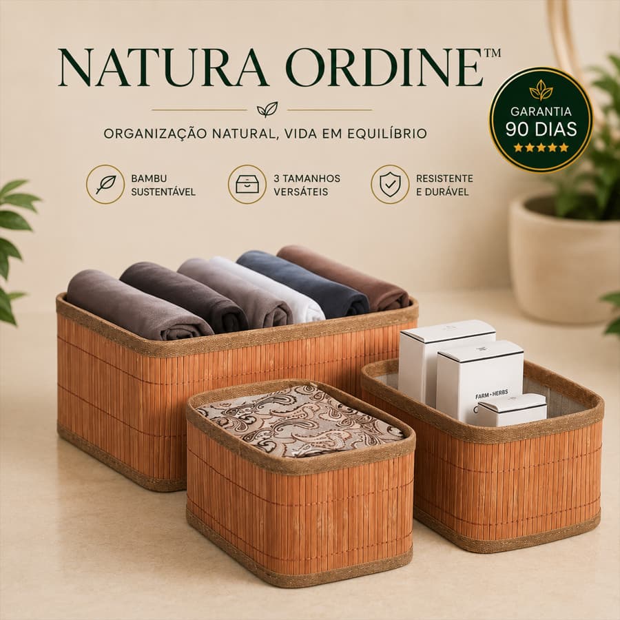 Kit 3 Cesto Organizador Bambu Natural Premium Caixa Organizadora Multiuso Banheiro Cozinha Closet