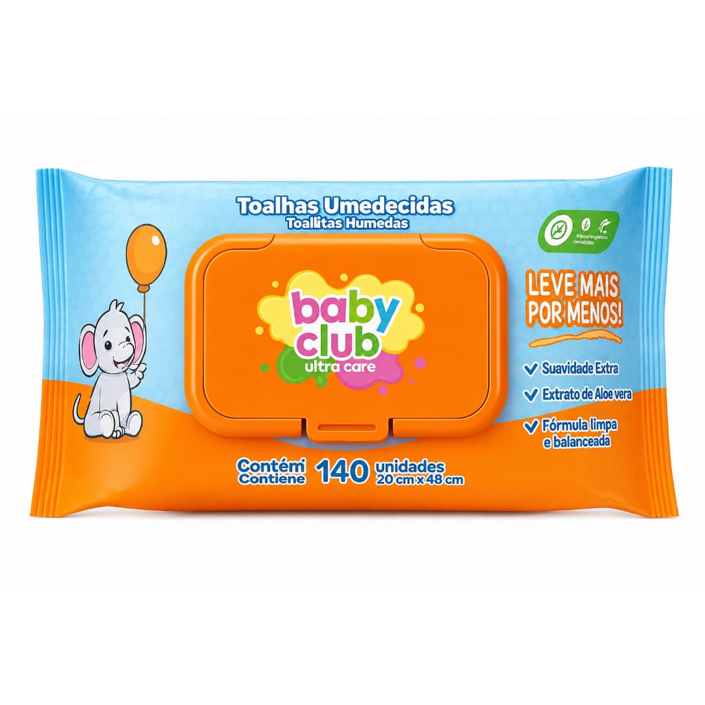 kit 2 Lenços/Toalhas Umedecidas Baby Club/280 Unidades Extrato Aloe Vera Infantil/Bebe