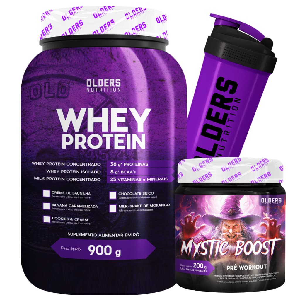 Kit Completo Olders: Whey, Pré-Treino e Coqueteleira Exclusiva!