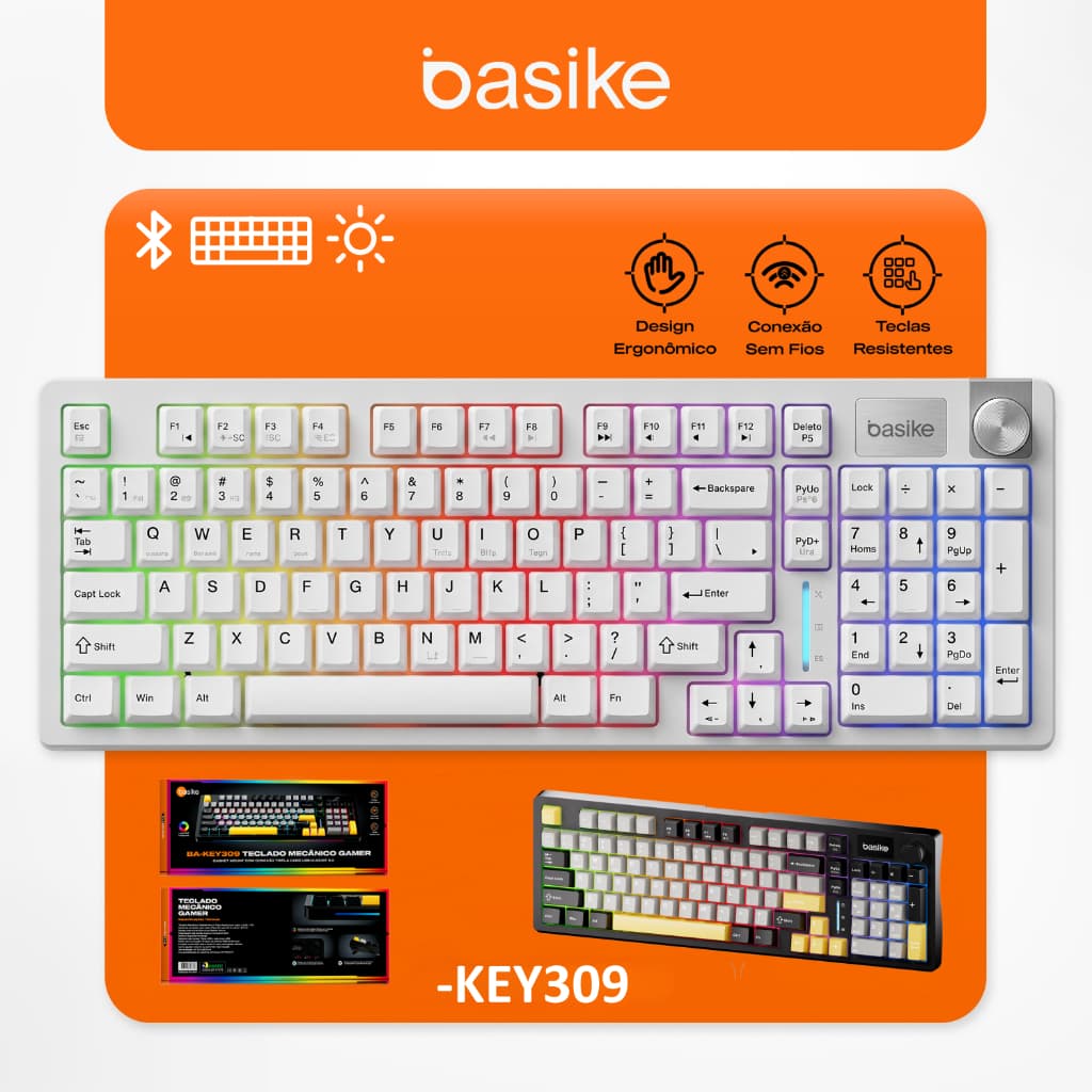 BASIKE Teclado Mecânico Gamer KEY309 Triplo Modo RGB Bluetooth 2.4G Fio Bateria 4000mAh Longa Duração 96 Teclas