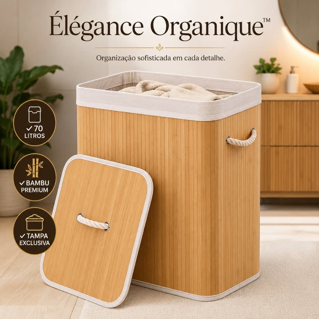 Cesto Organizador de Bambu 70L com Tampa e Alças | Cesto para Roupas Sujas Lavanderia Banheiro Quarto Multiuso Resistent