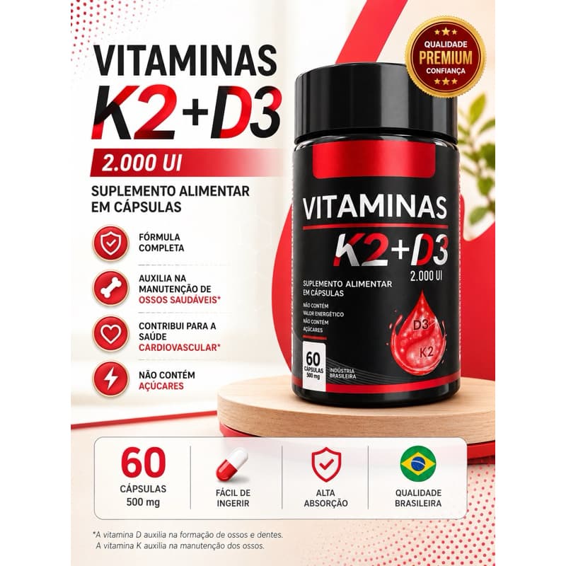 Vitamina K2 + D3 2.000 UI – 60 Cápsulas /120/180| Suplemento Alimentar