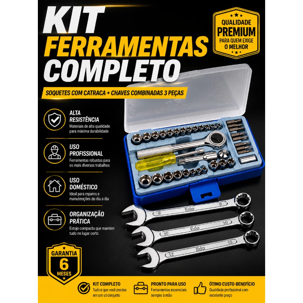 Kit Jogo De Soquetes Com 40 Peças Eda 8Zi 1/4 E 3/8 " Encaixe Catraca Ferramentas + Jogo Chave Combinada 3 Peças