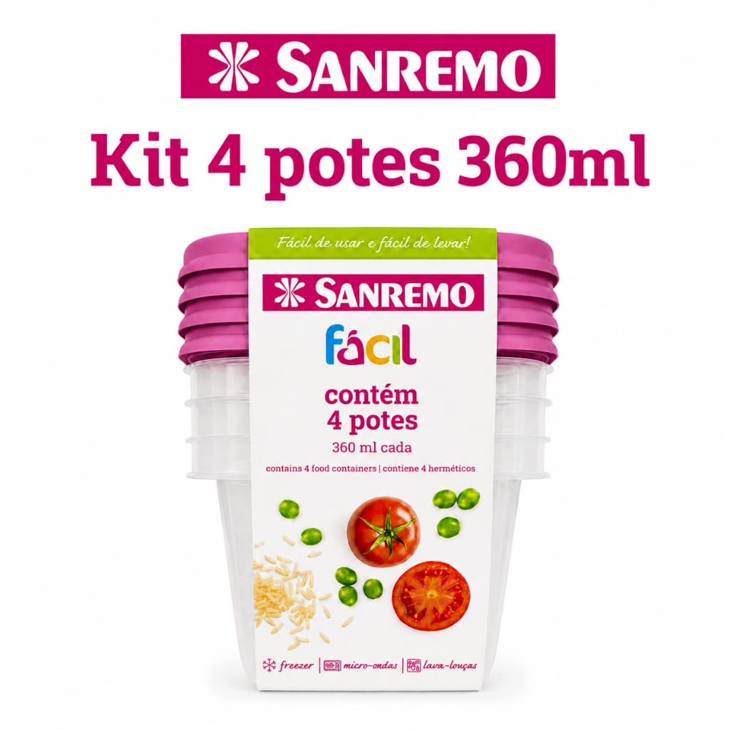 Kit 4 Potes Hermeticos Tampa Cor Açai Sanremo 360ml Organizador Mantimentos Cozinha Geladeira Multiuso