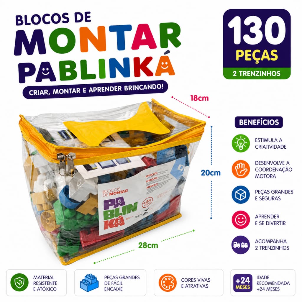 Blocos de Montar 130 Peças com 2 Trenzinhos Educativos Didáticos Infantil