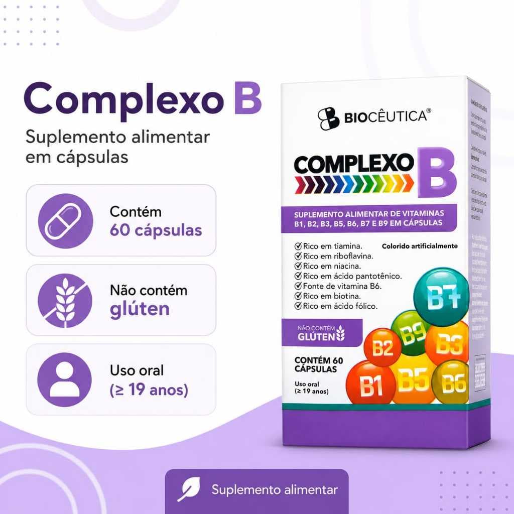 Complexo B 60 Cápsulas Biocêutica Vitamina B1 B2 B3 B5 B6 B9 Suplemento Alimentar
