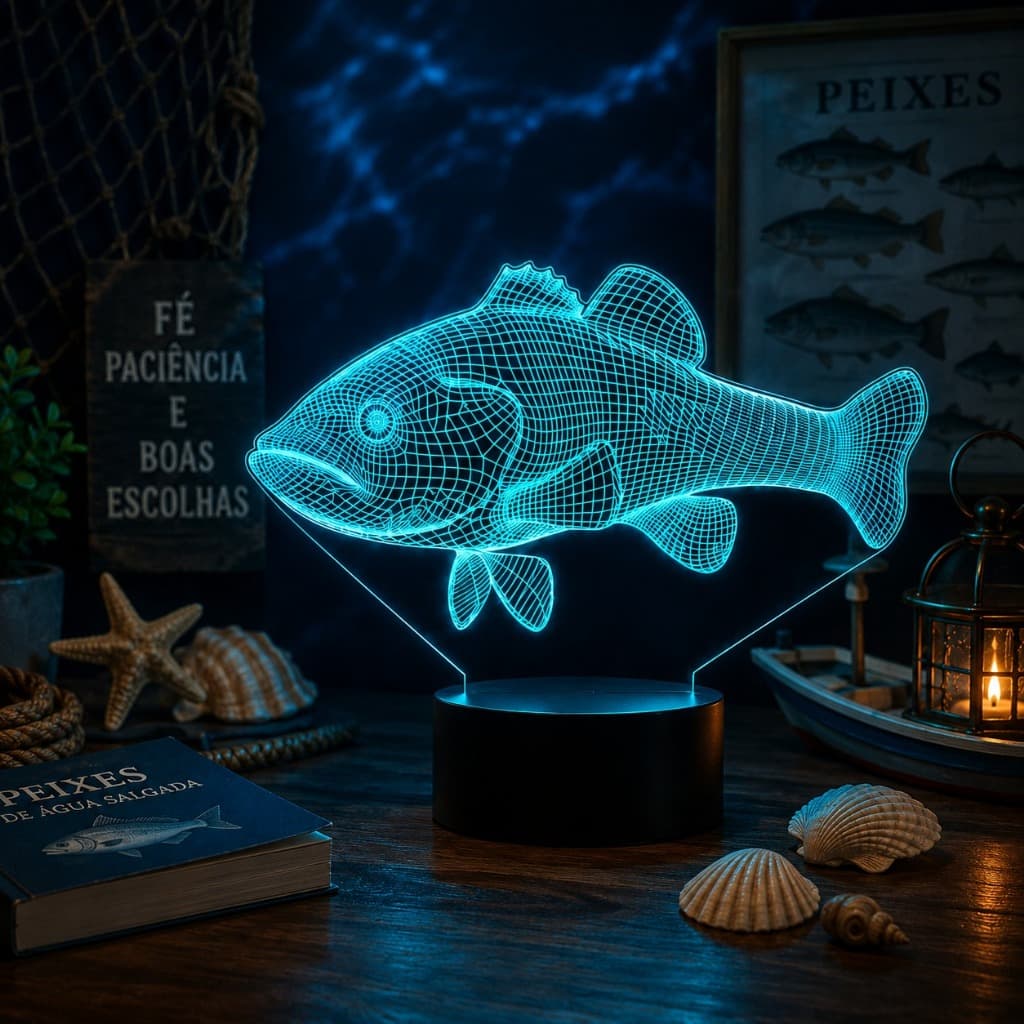 Luminária Led 3d | Peixe Pescador | Abajur Presente Criativo Decoração Multicores