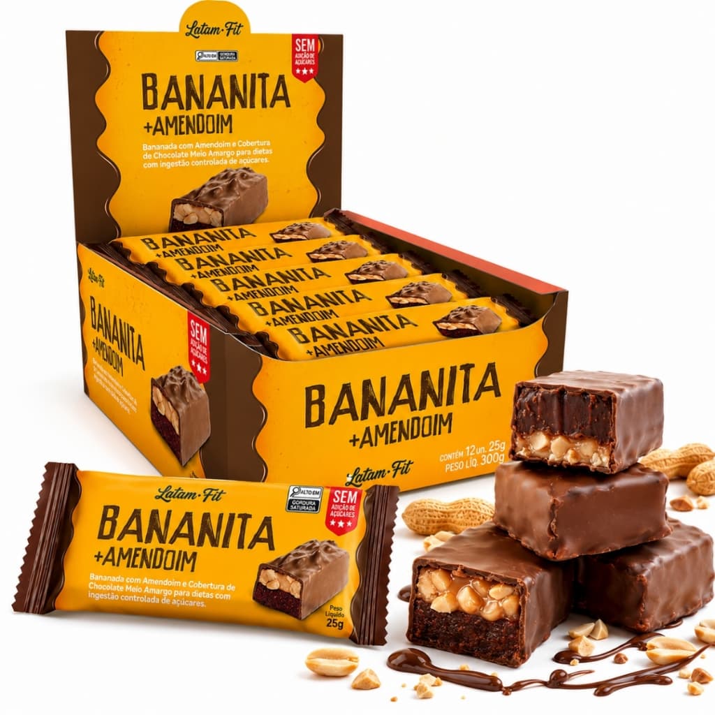 Barra Snack Barrinha Bananinha Banana Amendoim e Chocolate 12un Fitness Saudável Pós-Treino Latamfit