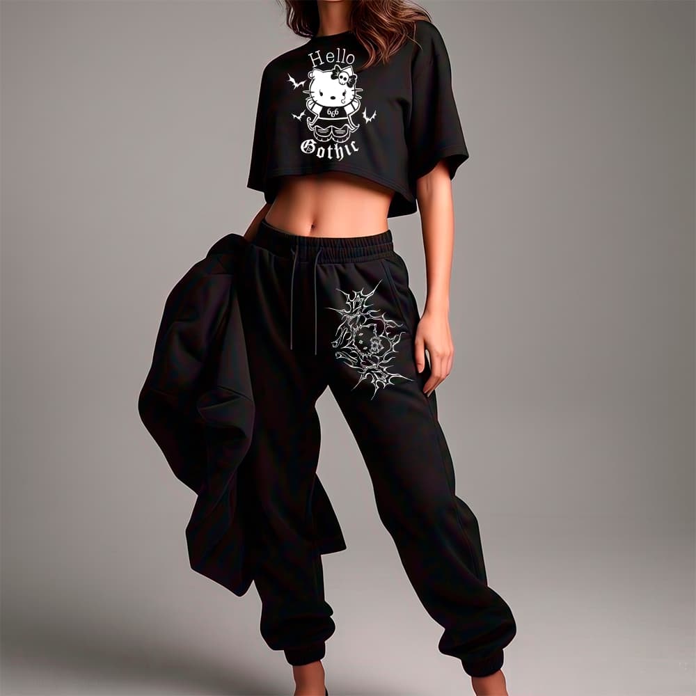 Conjunto Feminino Cropped Oversized e Calça Moletom Jogger Hello Rock Kitty Dark Gotico Spider Y2K