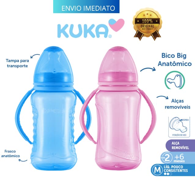 Mamadeira Kuka Ortodôntica +6 meses com Alça Removível Válvula Anticólica Tampa Antivazamento 330ml