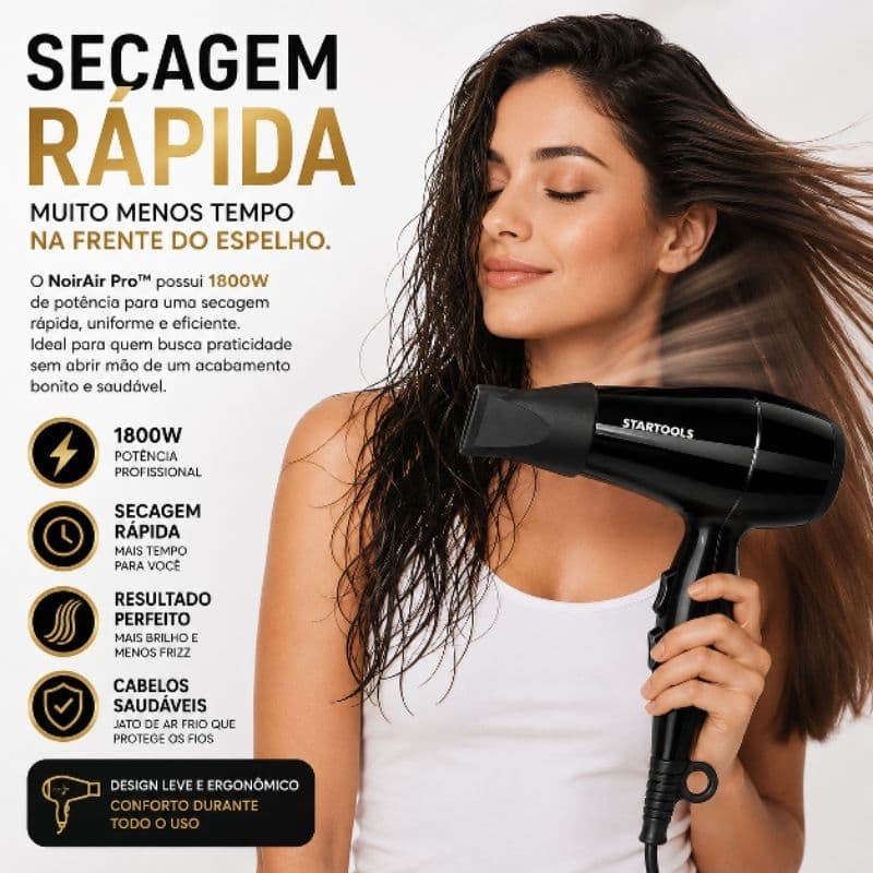Secador de Cabelo Profissional 1800W 127V Jato Frio 2 Velocidades 2 Temperaturas Preto NoirAir Pro