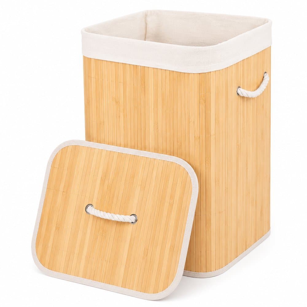 Cesto Organizador Multiuso de Bambu Lavanderia Banheiro Roupas Brinquedos 50 ou 70 Litros com Tampa