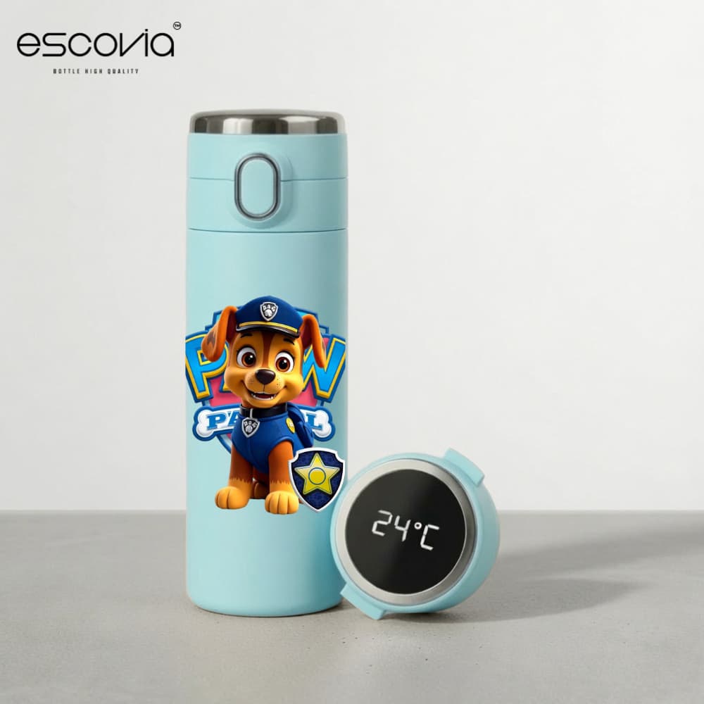 Garrafa Térmica Patrulha Canina PAW Patrol Chase Aço Inoxidavel Parede Dupla 420ml com Termômetro Digital
