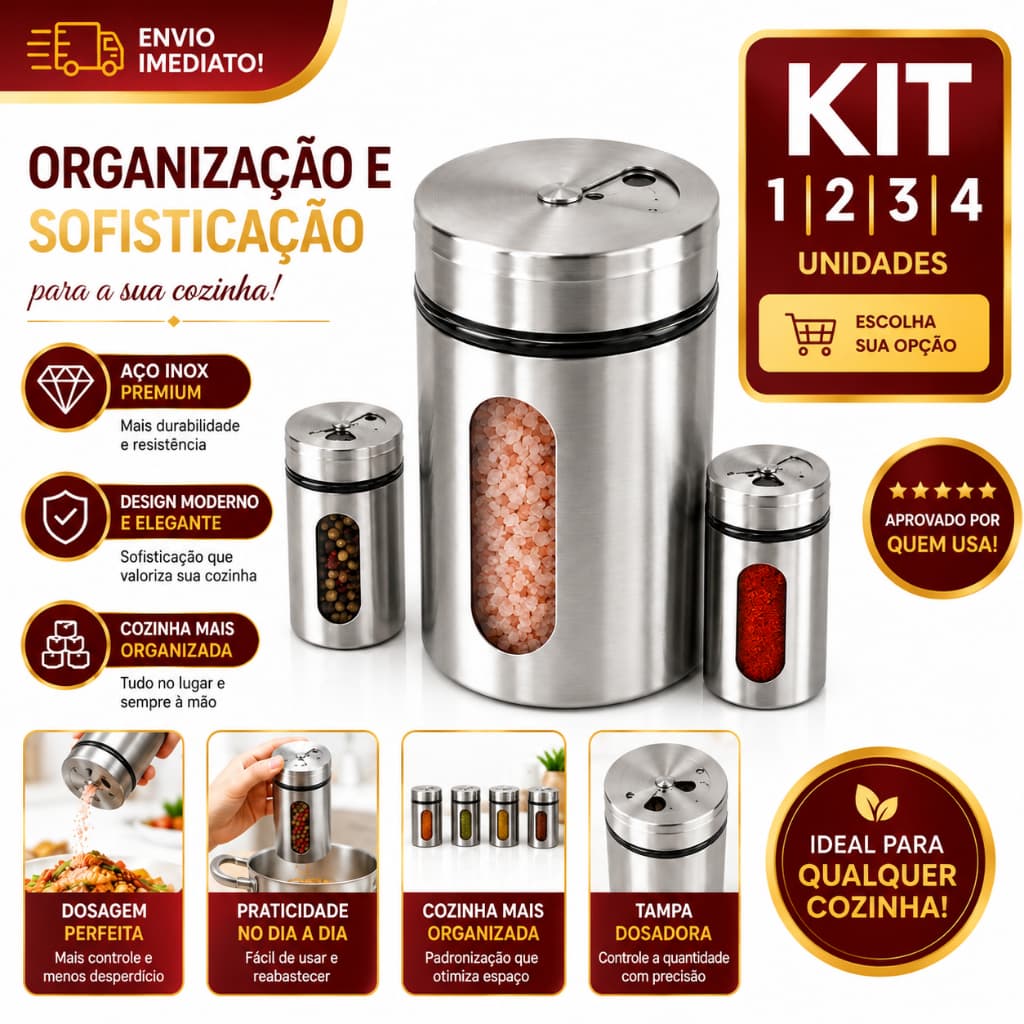 Porta Tempero Inox com Visor 1/2/3/4 Transparente Tampa Dosadora Saleiro Pimenteiro Multiuso Organizador de Cozinha