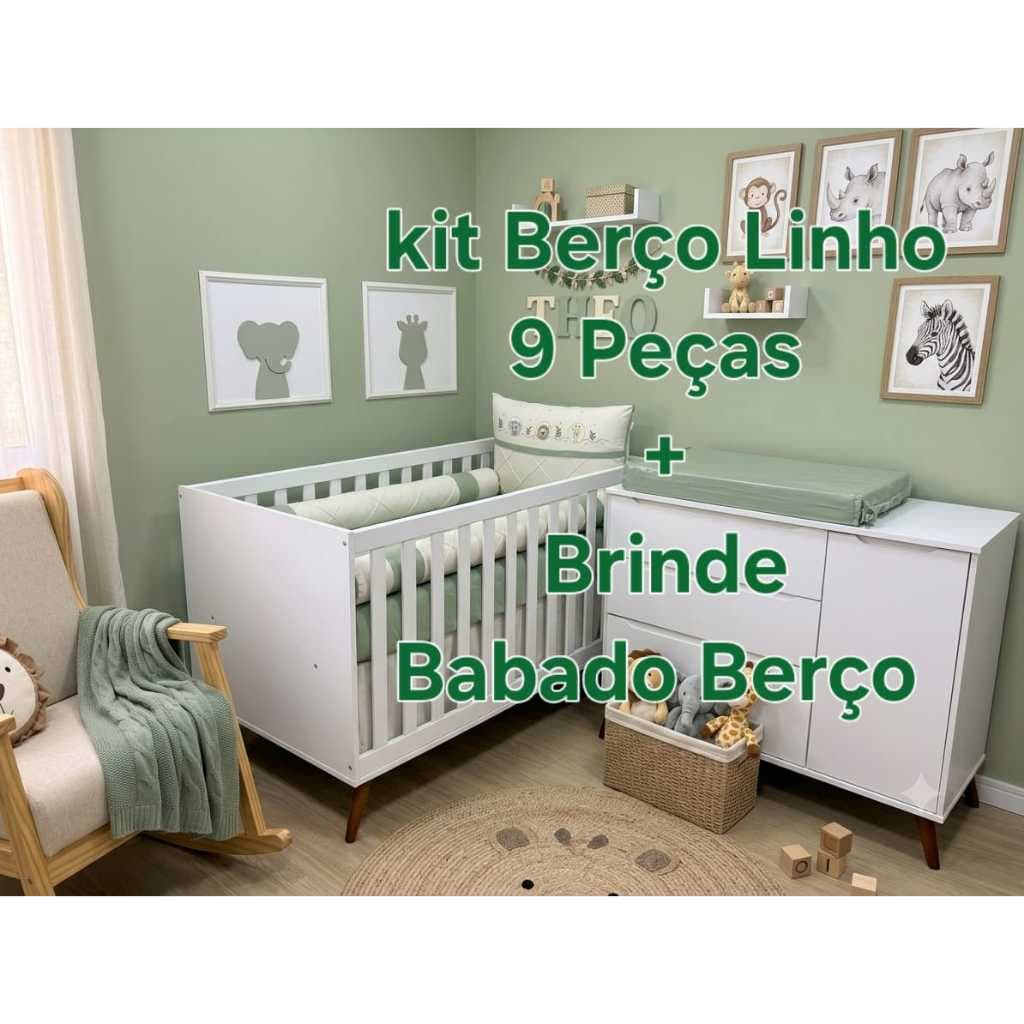 Kit Berço Americano Safari Rolos Laterais 9 Peças Verde Linho 100% Algodão Enxoval Bebê Completo + Brinde Babado Berço