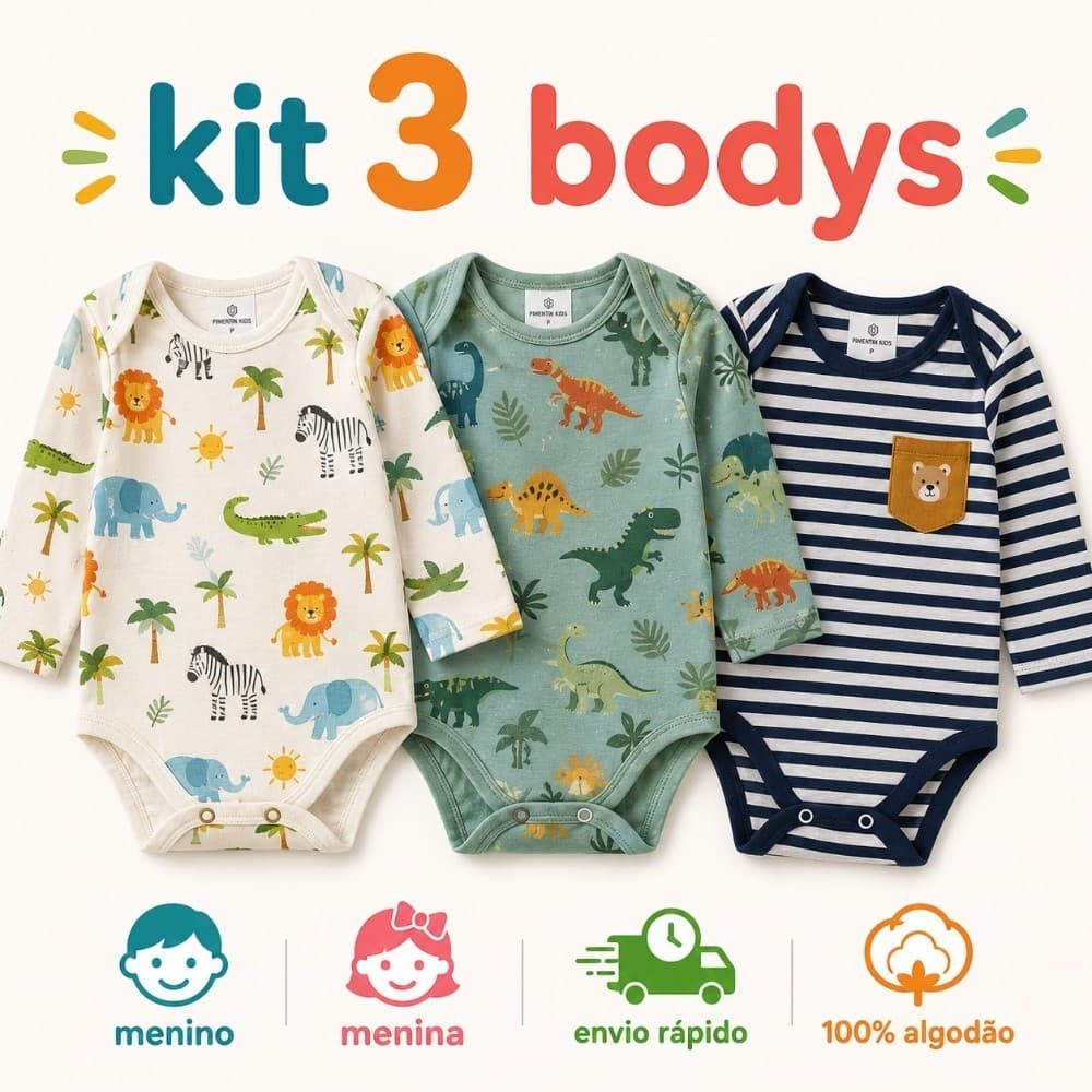 Roupa Bebe Kit 3 Peças Body Manga Longa Bebê 100% Algodão Super Macio Gola Envelope Menina Menino Tamanho P M G