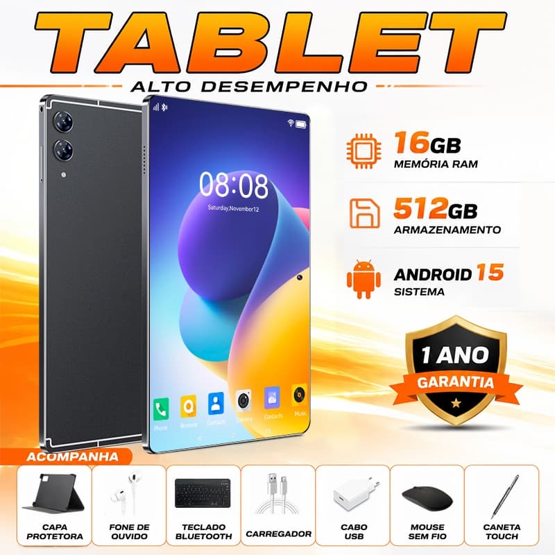 Tablet 11.6” com Teclado+Mouse 16GB RAM 512GB Android 15 Câmera 50MP Moby