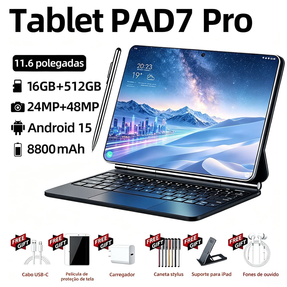 Tablet PAD7 Pro /16GB+512GB 11.6 Android 15 WiFi Teclado Mouse Caneta Bluetooth Capa FHD IPS