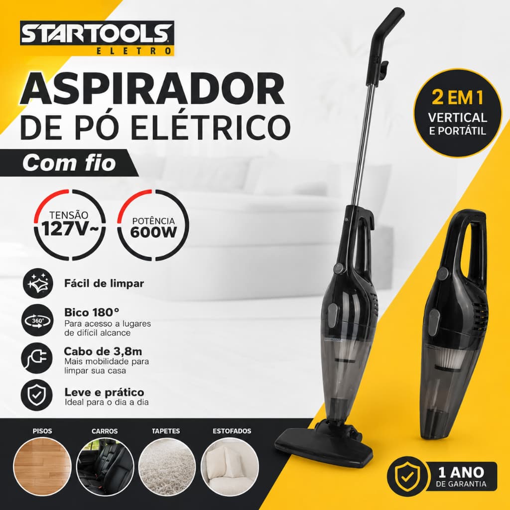 Aspirador de Pó Vertical 2 em 1 600W Com Fio 127V Portátil Filtro Lavável