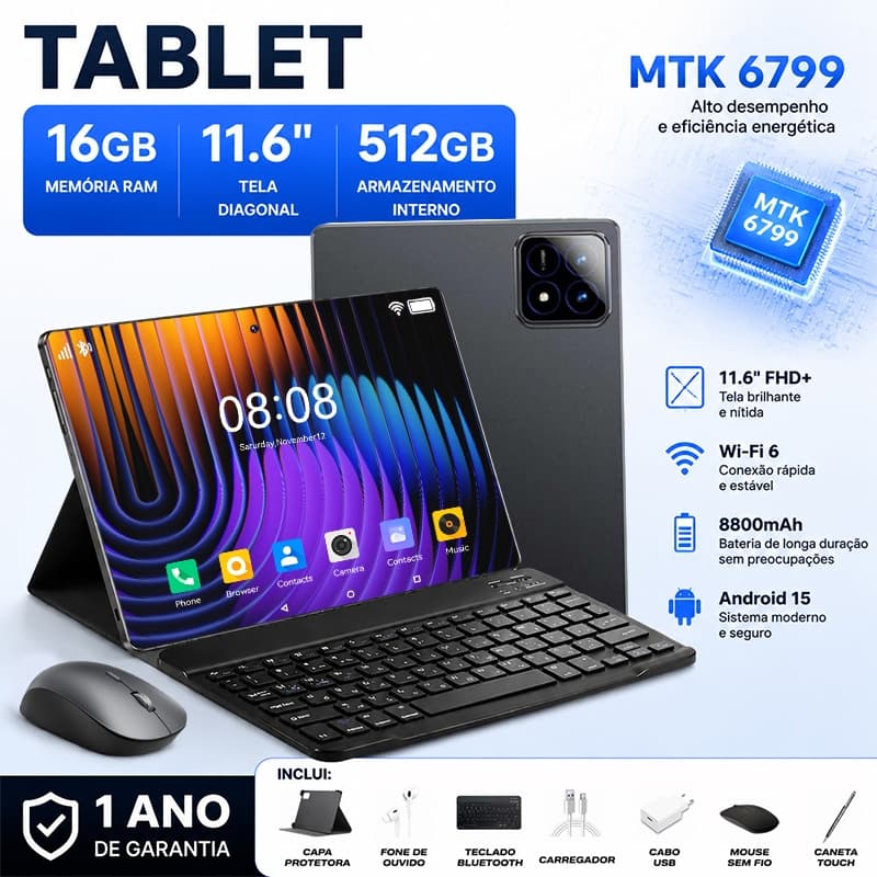 Tablet 11.6” com Teclado+Mouse 16GB RAM 512GB Android 15 Câmera 48MP