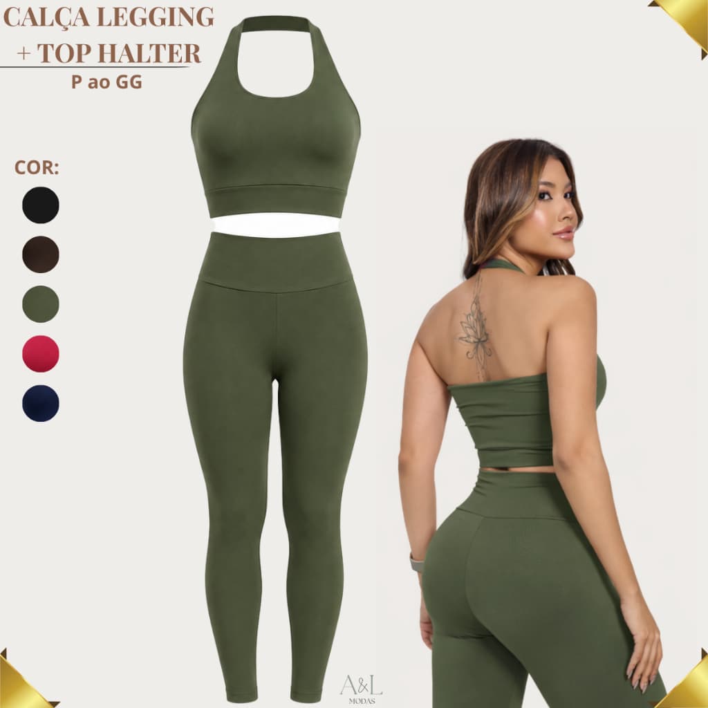 Conjunto Fitness Calça Legging + Top Halter Costas Nuas Feminino Zero Transparência Supléx Para Academia Treino