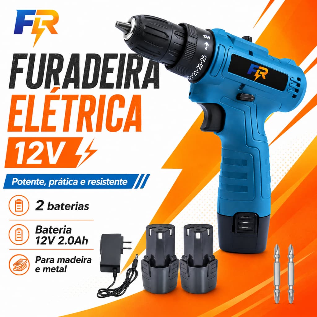 Parafusadeira Furadeira Sem Fio 12V 3/8" 2 Baterias, 2 Velocidades e Acessórios