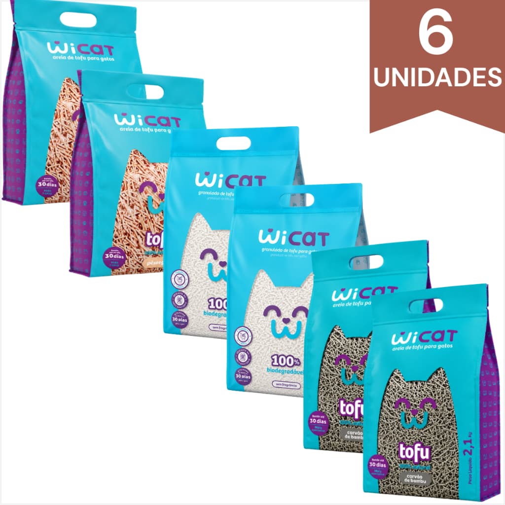 Kit Areia Sanitária de Tofu Biodegradável Wicat  2,1kg Neutro Pêssego Carvão de Bambu