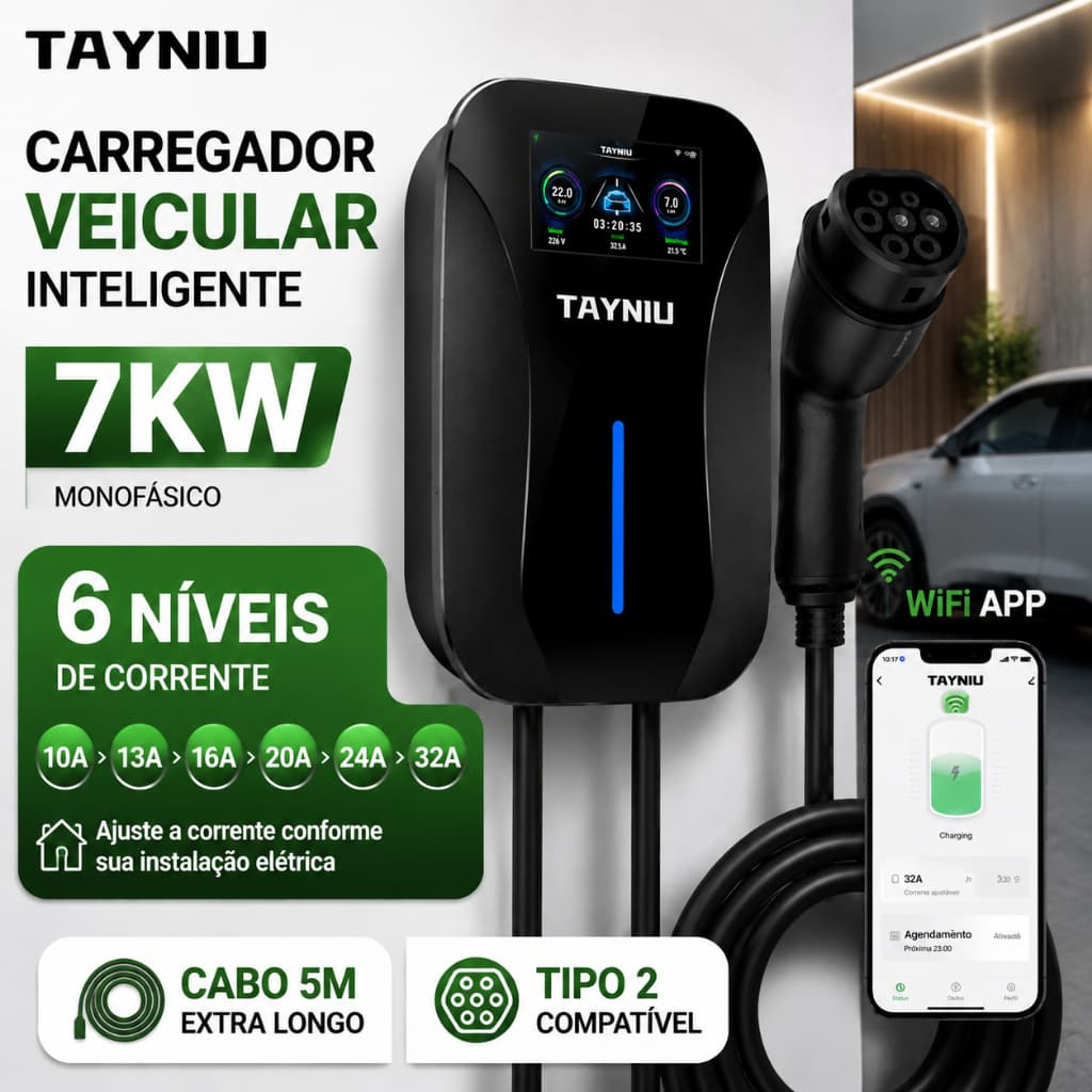 Carregador para carro elétrico TAYNIU 7kW Tipo 2 32A Carregador de Parede WiFi App 4,3” Tela IP66 EV Carregamento Rápido