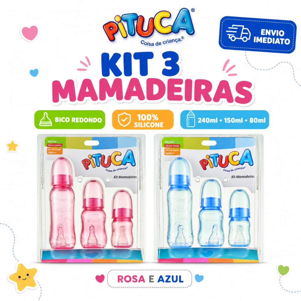 Kit 3 Mamadeiras Pituca bico redondo 100% silicone 240/150/80 bebê menino menina azul ou rosa e Mam