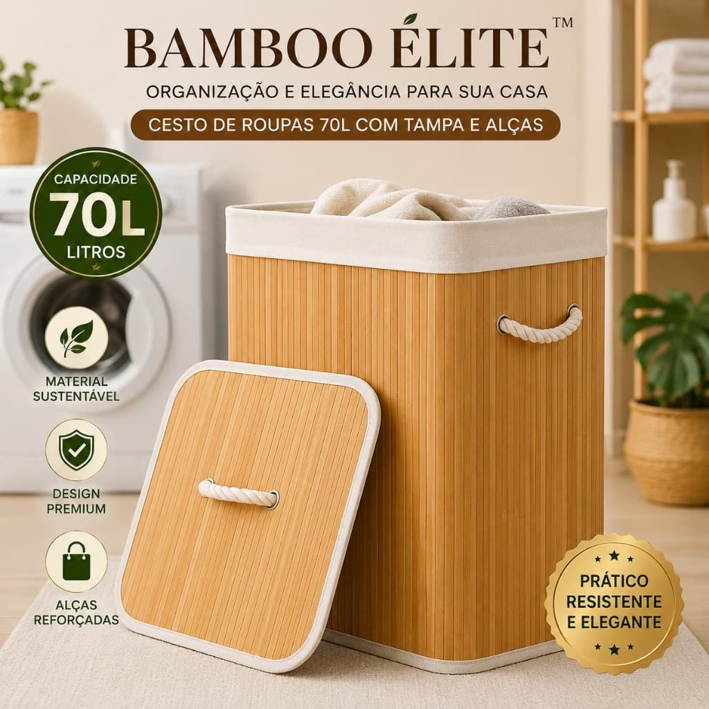 Cesto de Roupas Bambu 70L com Tampa e Alças Dobrável Cesto de Lavanderia Organizador Banheiro Quarto
