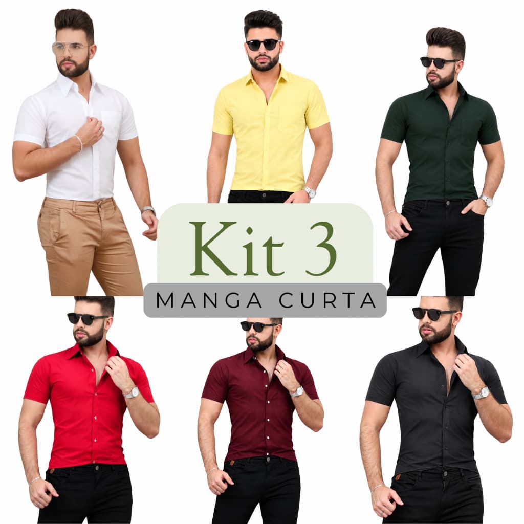 Kit Com 3 Camisa Social Masculina Manga Curta Slim Com Bolso Para Trabalho Pano Não Amarrota P Ao GG