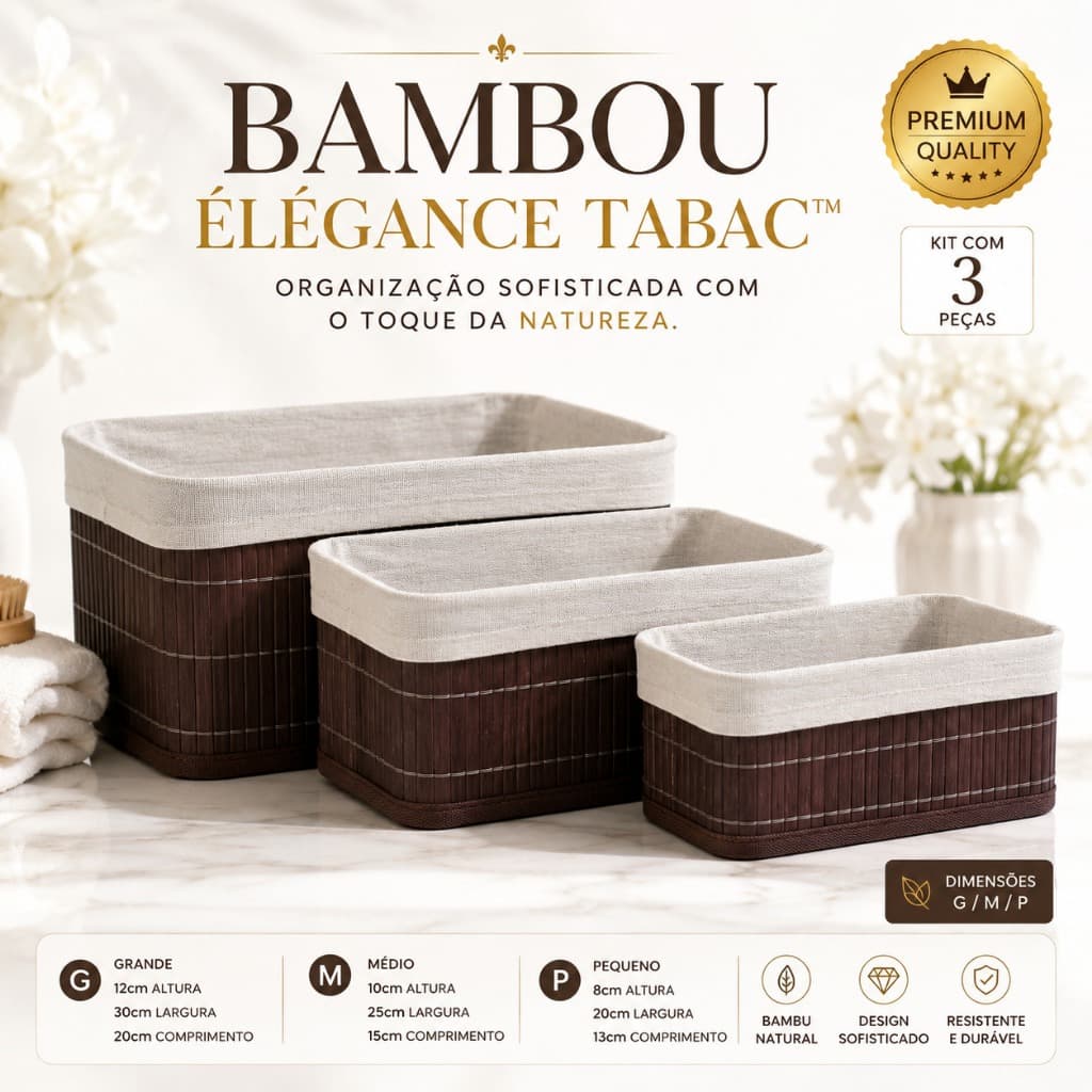 Kit 3 Cestos Bambu com Forro em Tecido | Organizador para Banheiro, Cozinha, Quarto e Escritório