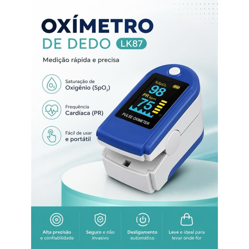 Oxímetro de Dedo Digital LK87 Medidor de Saturação SpO₂ e Frequência Cardíaca Alta Precisão