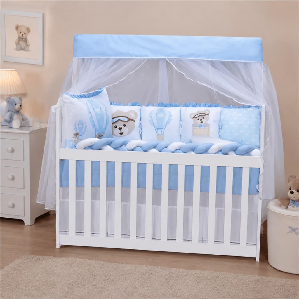 Kit Berço Urso Baloeiro Azul 13 Peças Almofadinhas Berço Americano Nacional Mosquiteiro Enxoval Bebê