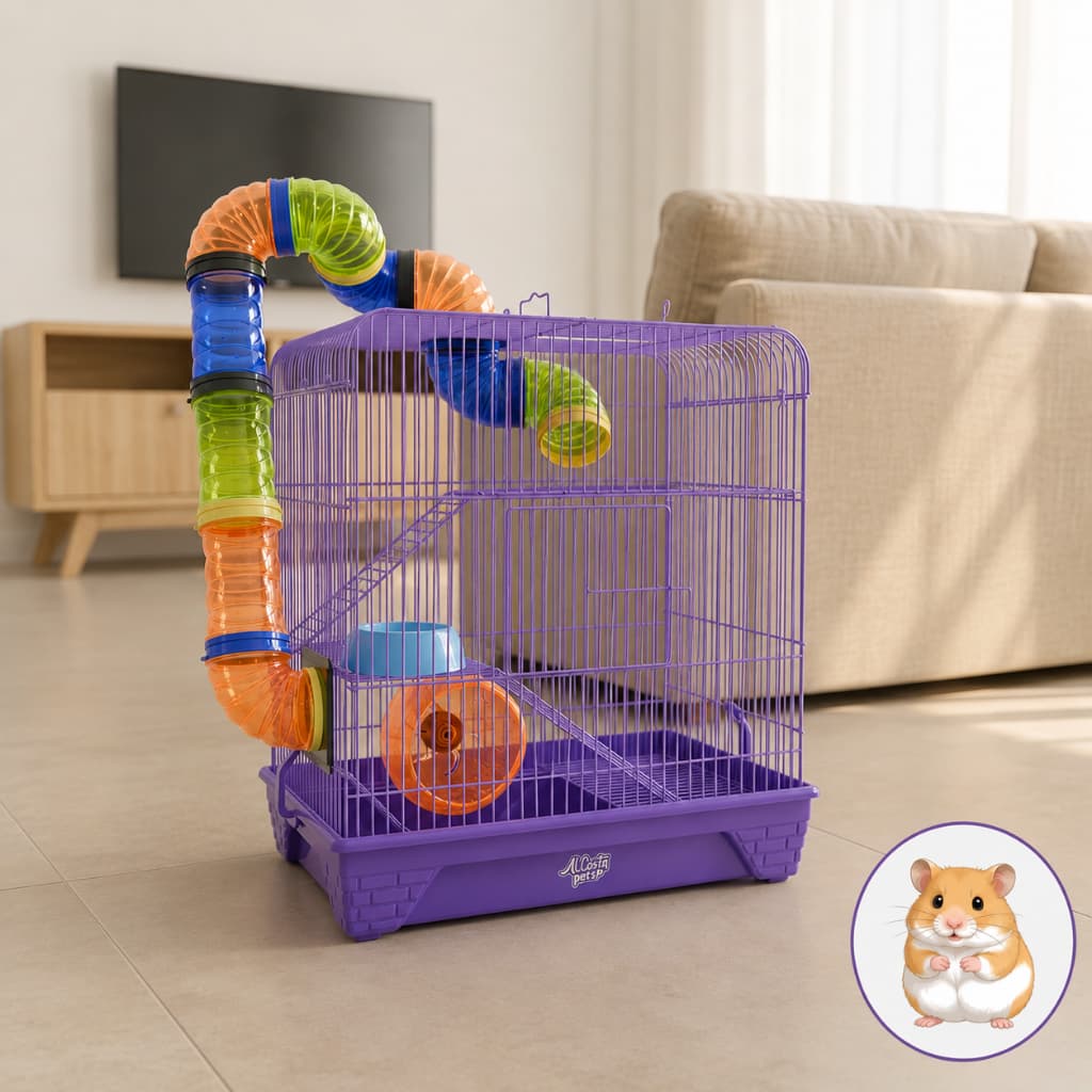 Gaiola para Hamster com 3 Andares Colorida com Casinha Tubos Rodinha Comedouro e Bebedouro