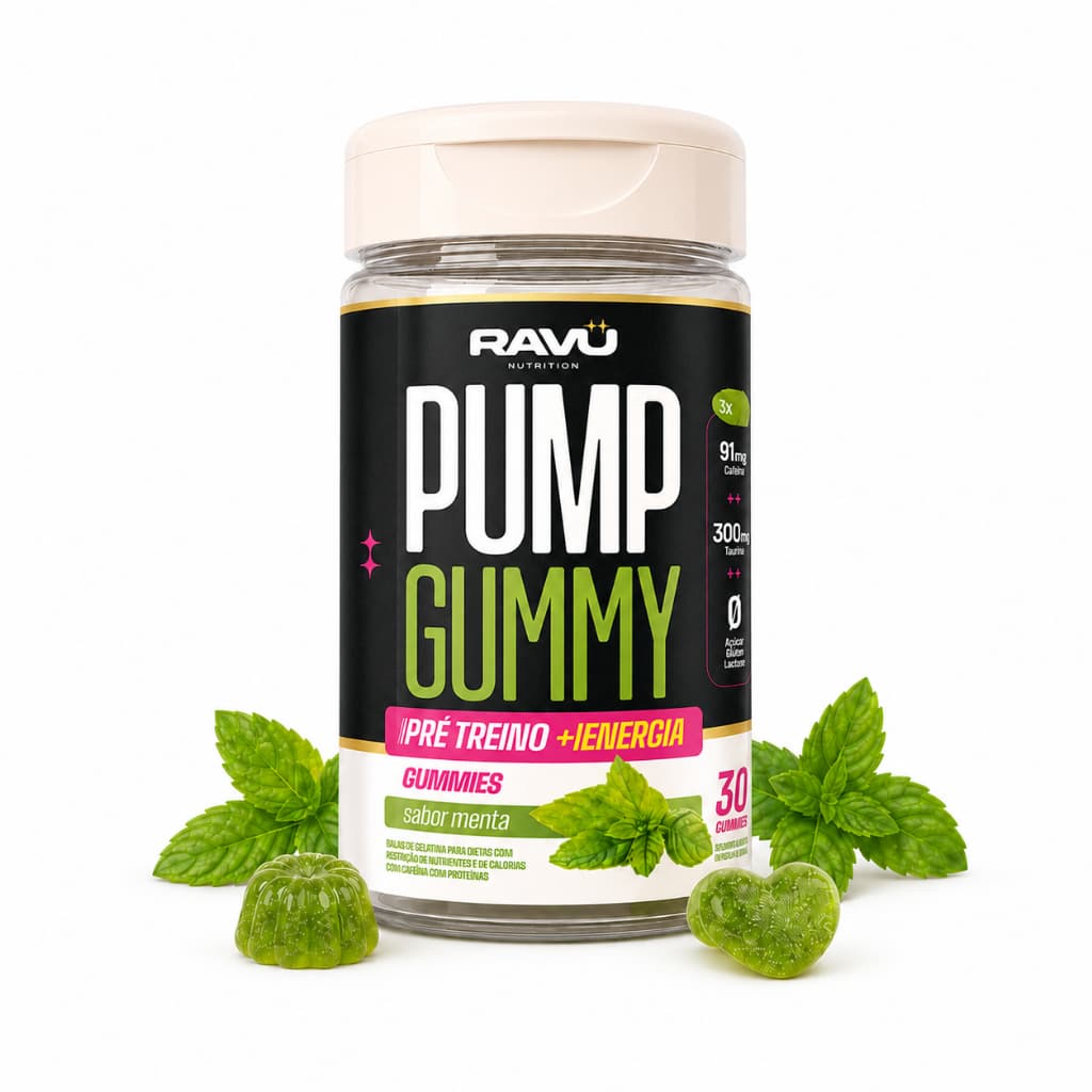 Pré Treino Gummy Ravu Pump 30 Gomas com Cafeína, Taurina, Vitaminas B, Zero Açúcar e Sabor Menta