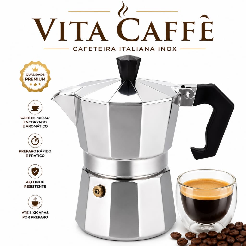 Cafeteira Italiana Inox 3 Xícaras Vita Caffè Moka Café Expresso Preparo rápido Fogão a Gás