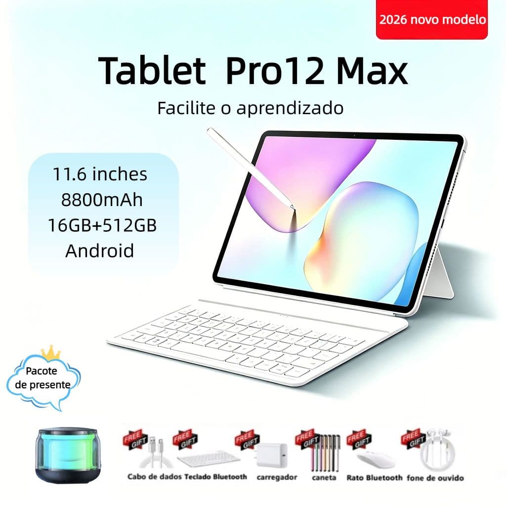 [Alto-falante, teclado e mouse grátis] Pro 12 Max Tablet 16GB+512GB 11,6-inch HD Dual SIM 5G Wi-Fi 8800 mAh Android