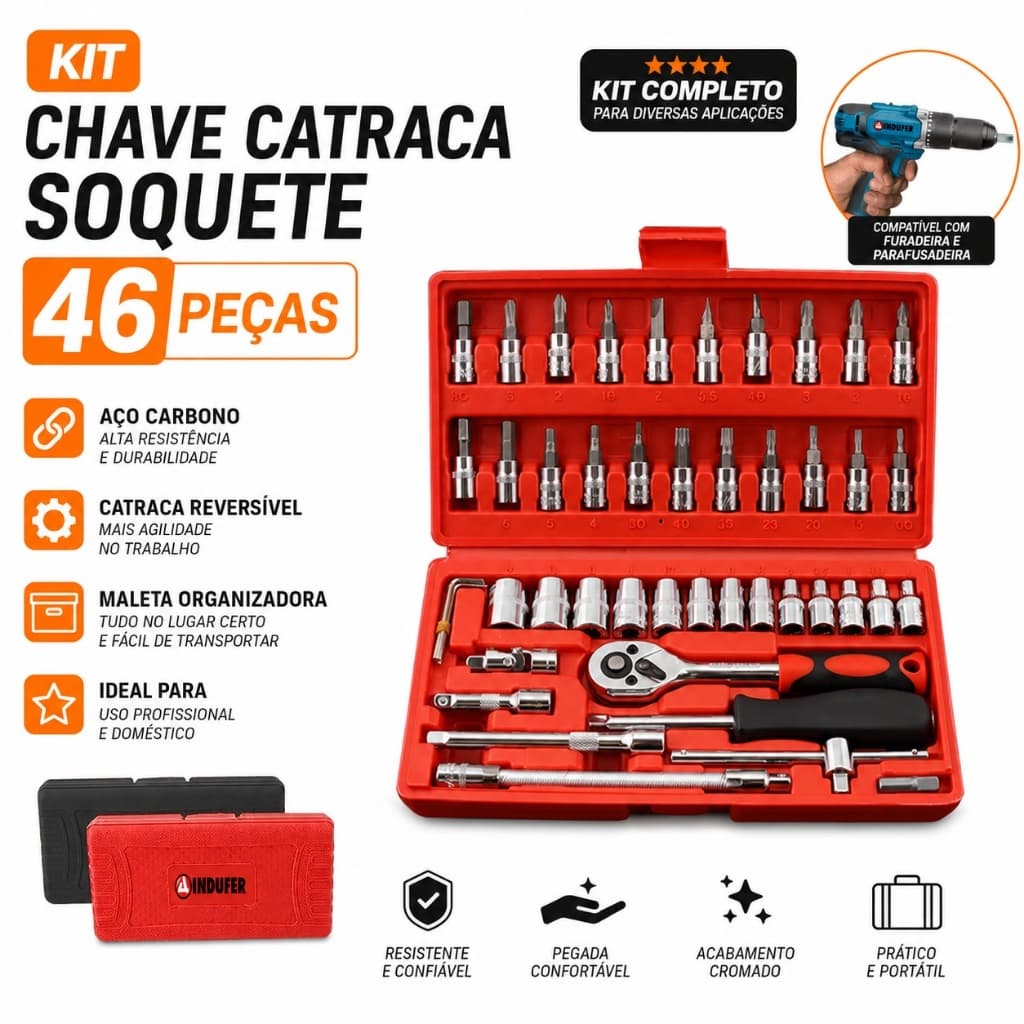 Kit Ferramentas 46 Peças Jogo Soquete Catraca 1/4 Aço CRV Com Maleta Profissional