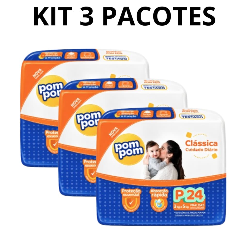 Kit 3 Fraldas Descartáveis Pom Pom Clássica Jumbo Tamanho P com 24