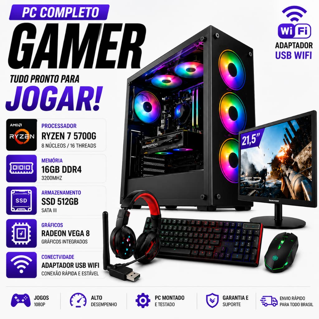 Pc Completo Gamer Ryzen 7 5700g Ssd 512gb 16gb 3200MHZ Monitor 21,5'' - Kit Gamer: Teclado, Mouse e Headset