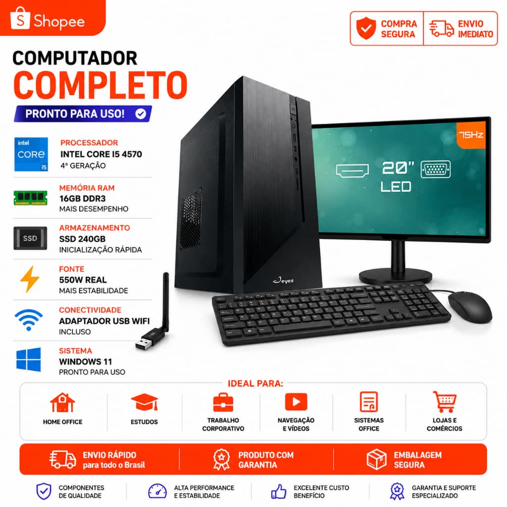 COMPUTADOR COMPLETO OFFICE INTEL CORE I5 4570 4ª GERAÇÃO 16GB RAM 550W SSD 240GB MONITOR 20'' 75HZ HDMI WINDOWS 11