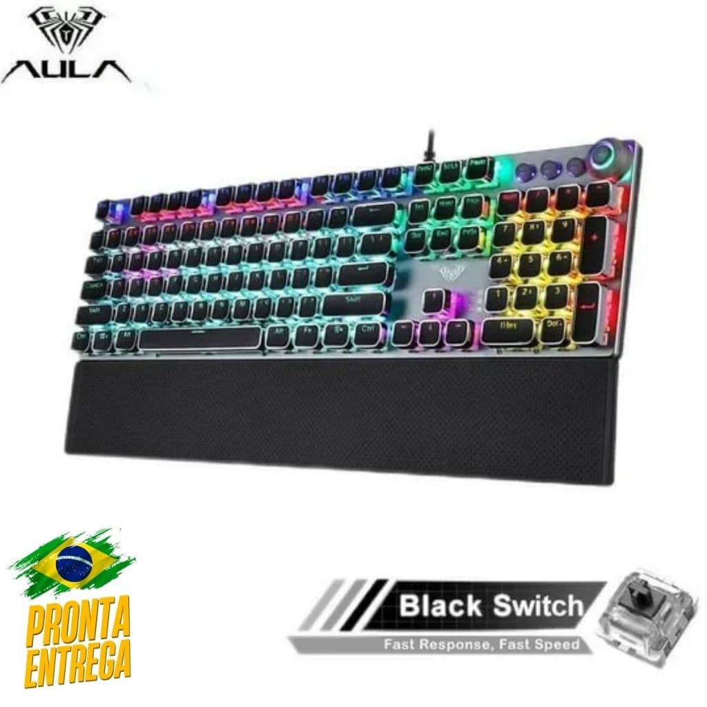 NO BRASIL AULA-F2088 Teclado de Jogo Mecânico, 104 Teclas, Com Fio, Retroiluminado, Metal, Anti-ghosting