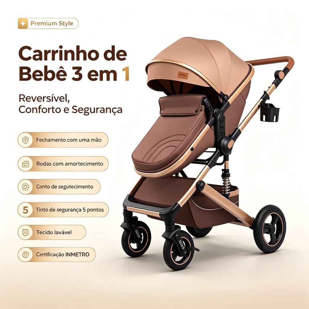 Carrinho de Bebê Berço 3 em 1 Reversível Dobrável Estilo Europeu Premium Luxo - P7